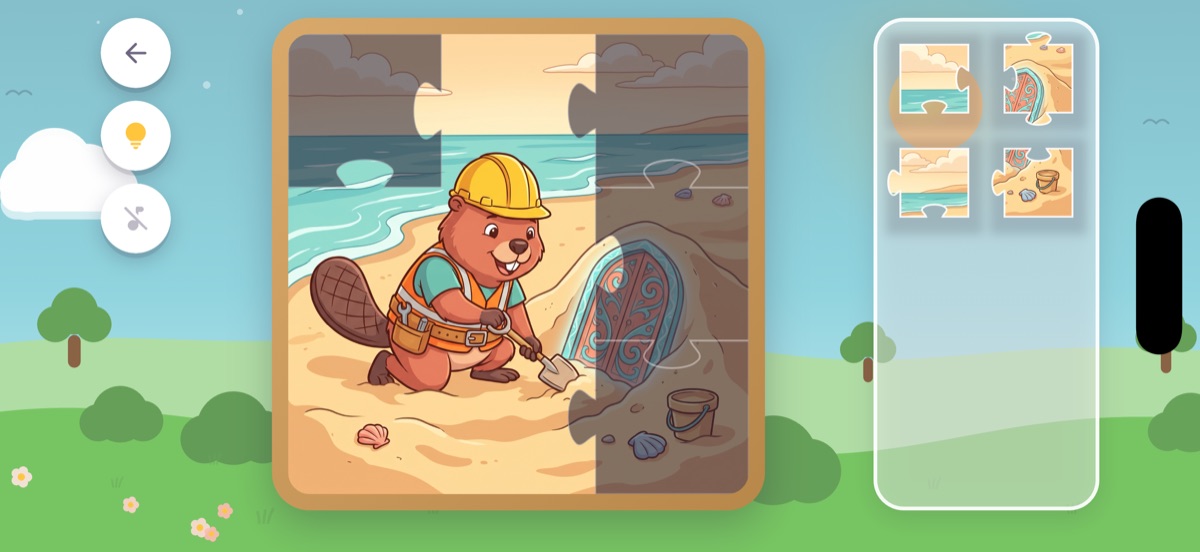 Puzika-Spielbildschirm: ein halb fertiges Hasen-Puzzle mit den losen Teilen darunter