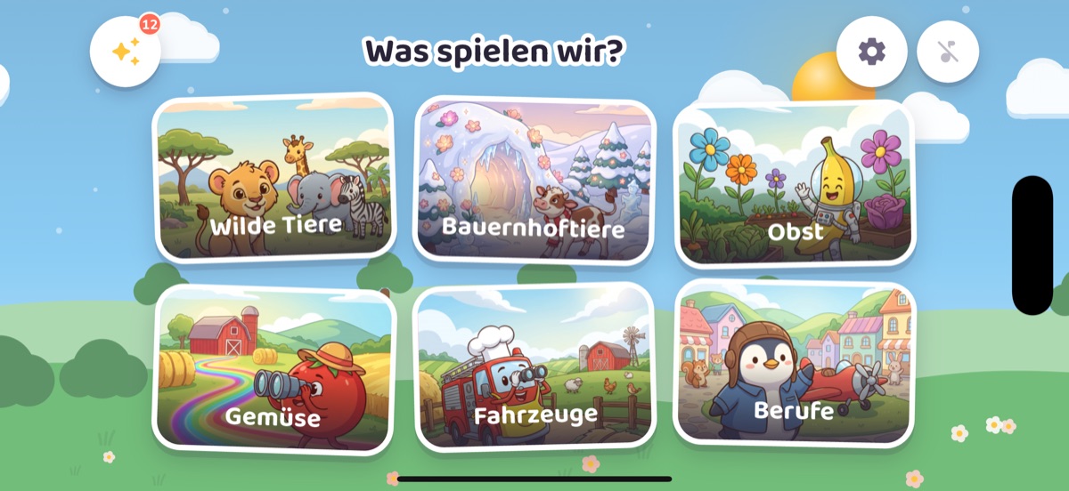 Puzika-Startbildschirm: sechs Kategorienkarten nebeneinander