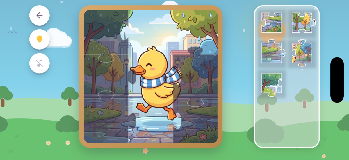 Puzika gameplay screen: a half-finished rabbit puzzle with the loose pieces below it