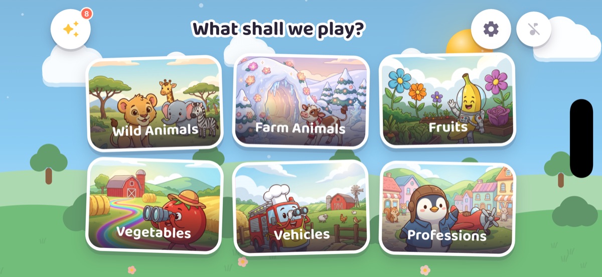 Puzika home screen: six category cards side by side