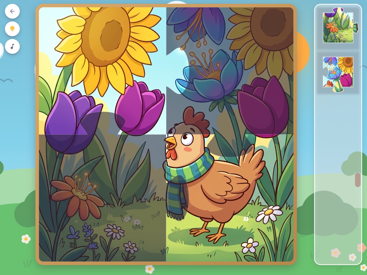 Puzika gameplay screen: a half-finished rabbit puzzle and the pieces below