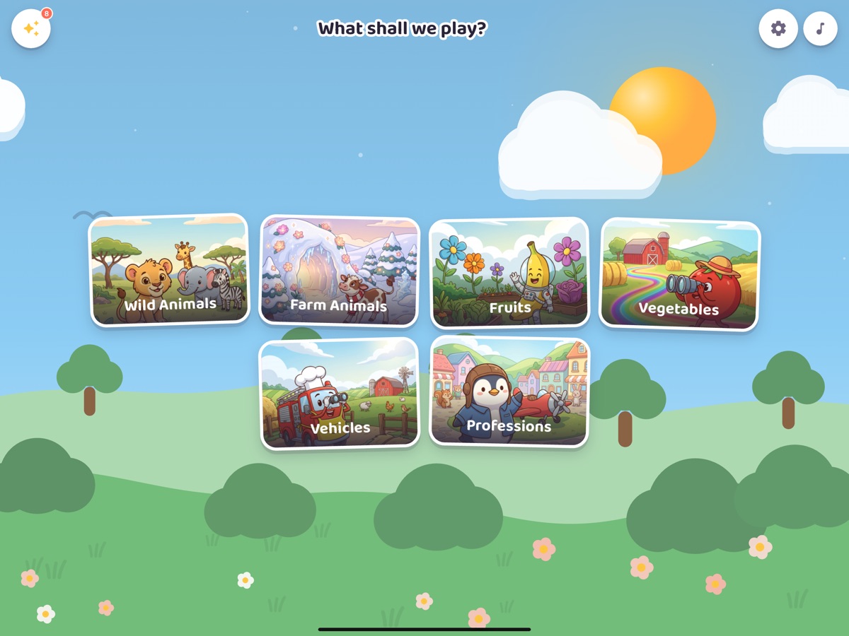 Puzika home screen: six category cards side by side