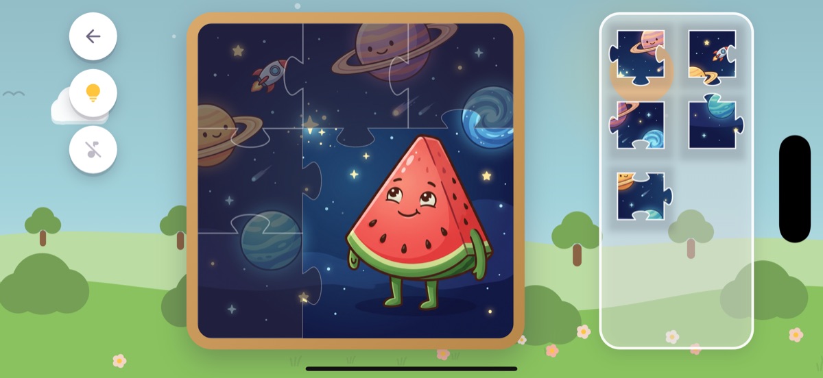 Pantalla de juego de Puzika: un puzle de conejo a medio montar con las piezas debajo