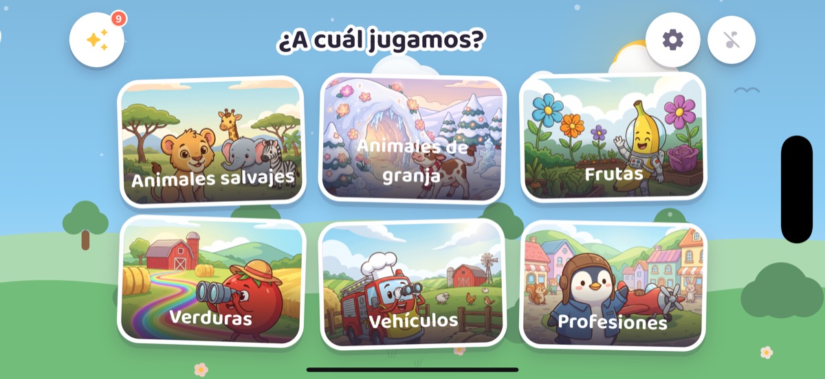 Pantalla principal de Puzika: seis tarjetas de categoría