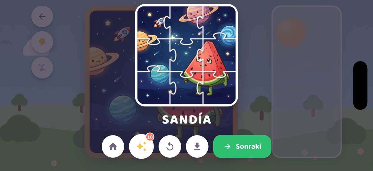 Pantalla de celebración: el dibujo completo con la palabra debajo