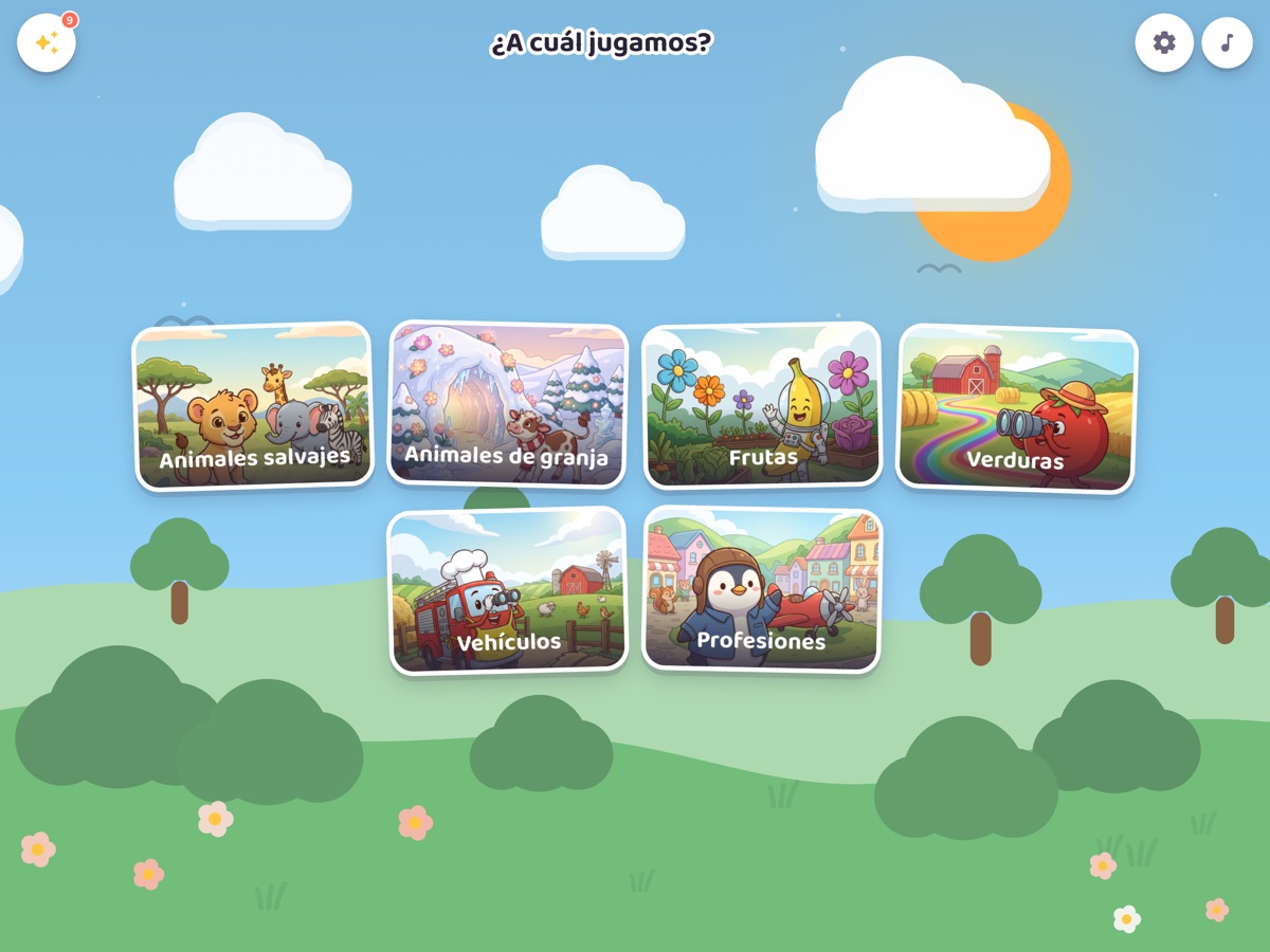 Pantalla principal de Puzika: seis tarjetas de categoría