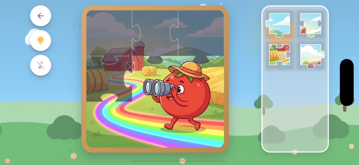 Écran de jeu de Puzika : un puzzle de lapin à moitié assemblé, avec les pièces en dessous