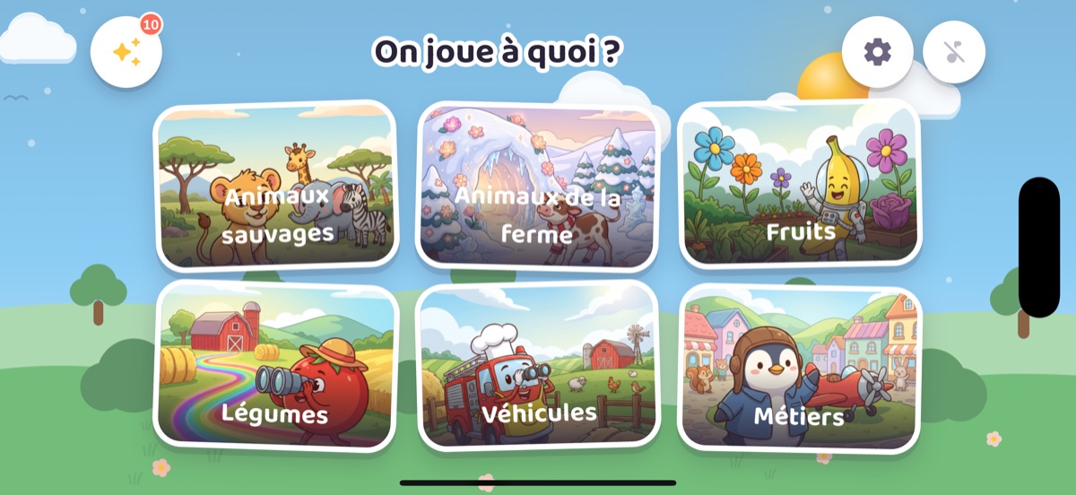 Écran d'accueil de Puzika : six cartes de catégorie côte à côte