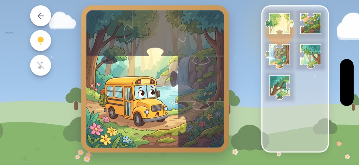 Ecrã de jogo do Puzika: um puzzle de coelho meio montado, com as peças por baixo