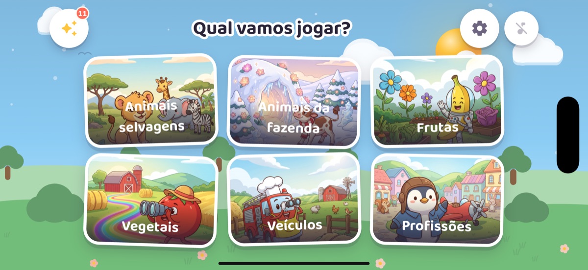 Ecrã inicial do Puzika: seis cartões de categoria lado a lado