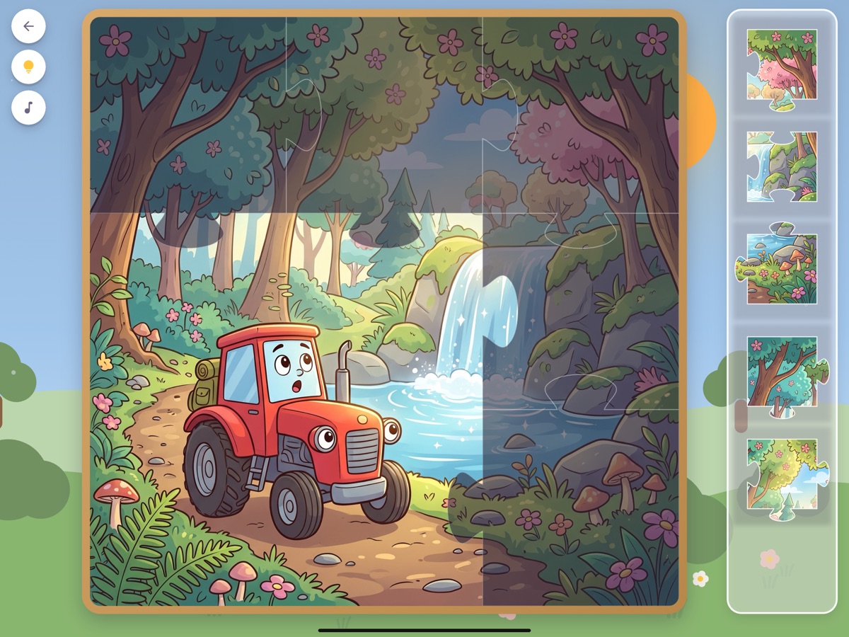 Ecrã de jogo do Puzika: um puzzle de coelho meio montado e as peças por baixo